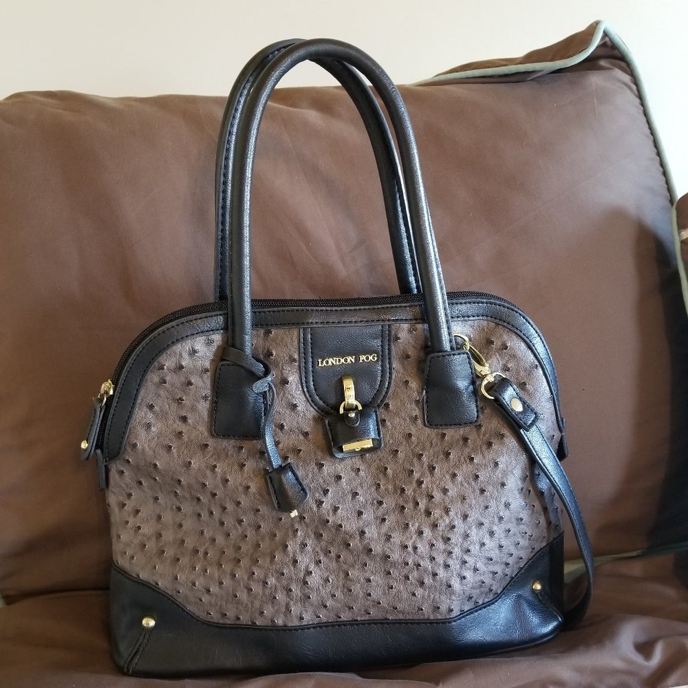 London Fog Faux Gray Ostrich and Black Satchel Crossbody handbag